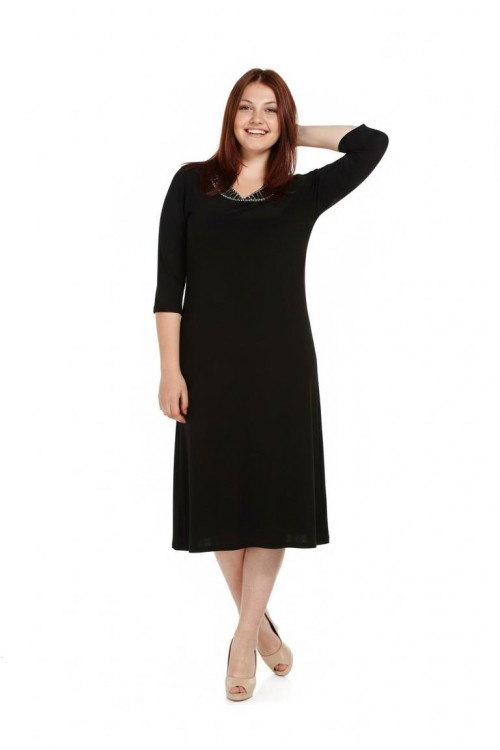 Nidya Moda Büyük Beden Kadın SiyahTaşlı Ray Yaka Sandy Abiye Elbise-4079S