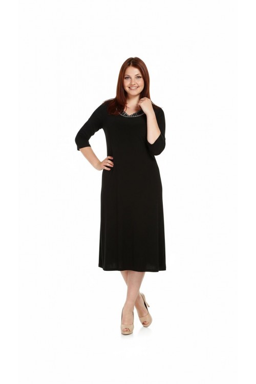Nidya Moda Büyük Beden Kadın SiyahTaşlı Ray Yaka Sandy Abiye Elbise-4079S
