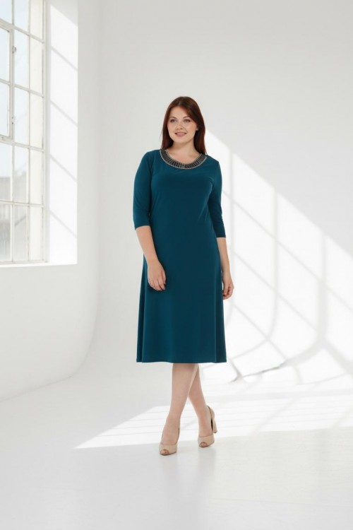 Nidya Moda Büyük Beden Kadın Yeşil Taşlı Ray Yakalı Sandy Abiye Elbise-4079Y