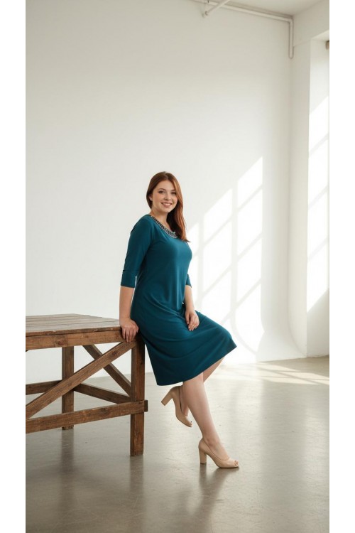 Nidya Moda Büyük Beden Kadın Yeşil Taşlı Ray Yakalı Sandy Abiye Elbise-4079Y