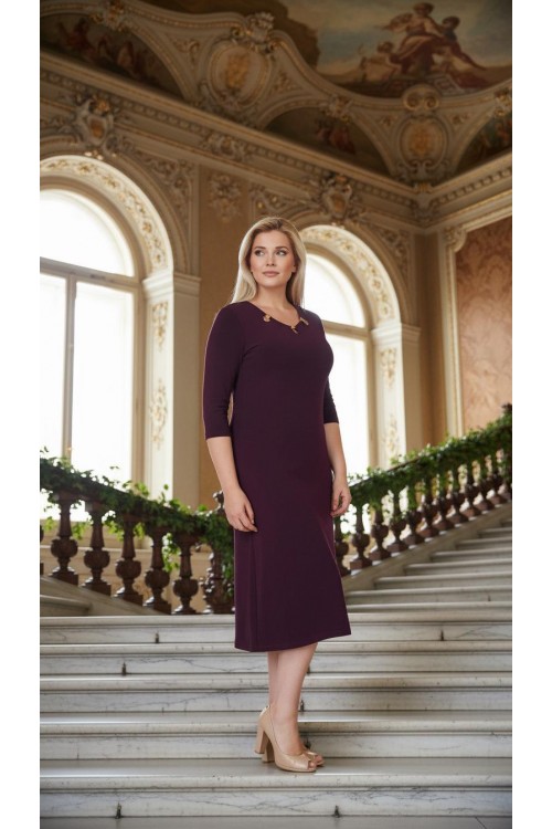 Nidya Moda Büyük Beden Kadın Mürdüm Yaka  Metal Aksesuar Sandy Abiye  Elbise-4081M