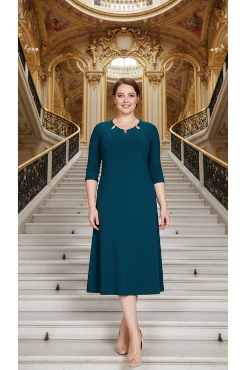 Nidya Moda Büyük Beden Kadın Yeşil Lazer Metal Aksesuarlı Yaka Sandy Abiye Elbise-4081Y