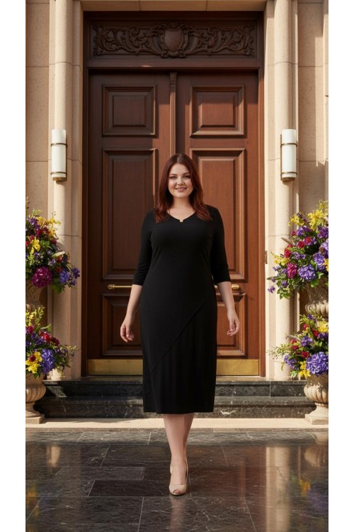 Nidya Moda Büyük Beden Kadın Siyah  Lazer Metal Aksesuarlı Yaka Sandy Abiye Elbise-4081S