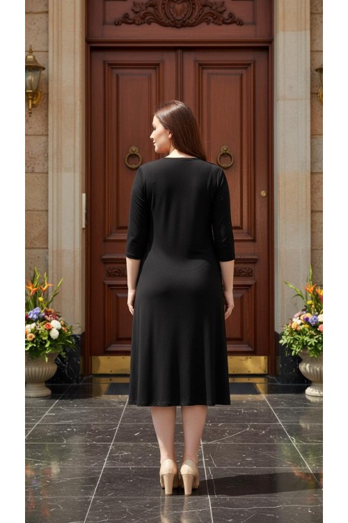 Nidya Moda Büyük Beden Kadın Siyah  Lazer Metal Aksesuarlı Yaka Sandy Abiye Elbise-4081S