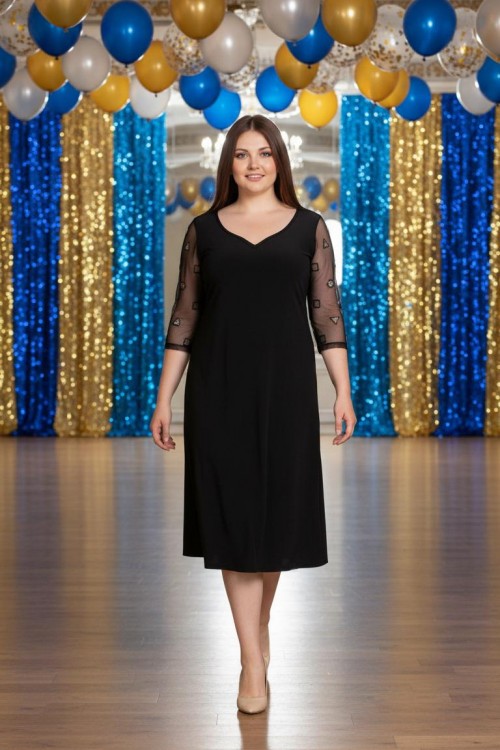 Nidya Moda Büyük Beden Kadın Siyah Kol  Ayna Tül Kombin Sandy Abiye Elbise-4082S