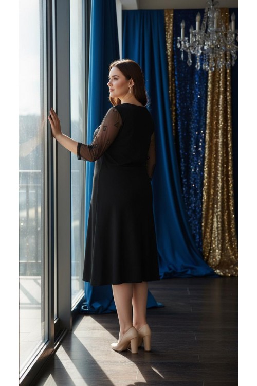 Nidya Moda Büyük Beden Kadın Siyah Kol  Ayna Tül Kombin Sandy Abiye Elbise-4082S