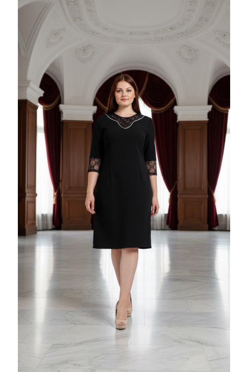 Nidya Moda Büyük Beden Kadın Siyah  Dantel Kombin Taş İşli Krep Abiye  Elbise-4083S