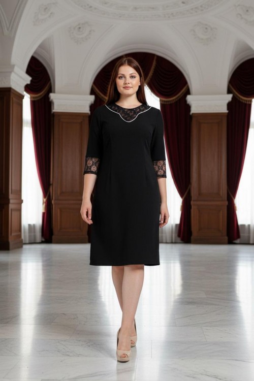 Nidya Moda Büyük Beden Kadın Siyah  Dantel Kombin Taş İşli Krep Abiye  Elbise-4083S