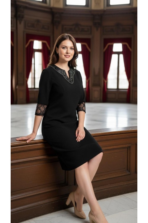 Nidya Moda Büyük Beden Kadın Siyah  Dantel Kombin Taş İşli Krep Abiye  Elbise-4083S