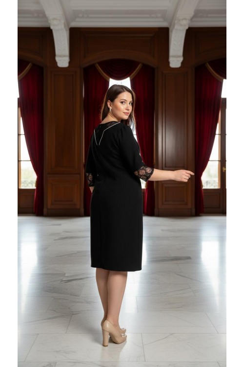 Nidya Moda Büyük Beden Kadın Siyah  Dantel Kombin Taş İşli Krep Abiye  Elbise-4083S