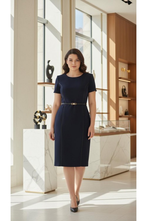 Nidya Moda Büyük Beden Kadın Lacivert Kuplar Deri Biyeli Krep Abiye Elbise-4084DL