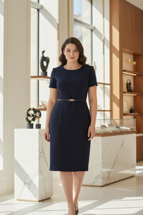 Nidya Moda Büyük Beden Kadın Lacivert Kuplar Deri Biyeli Krep Abiye Elbise-4084DL