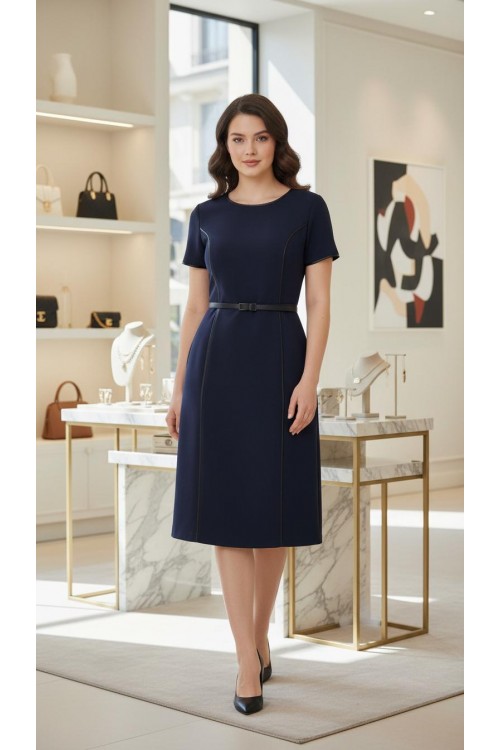 Nidya Moda Büyük Beden Kadın Lacivert Kuplar Deri Biyeli Krep Abiye Elbise-4084DL