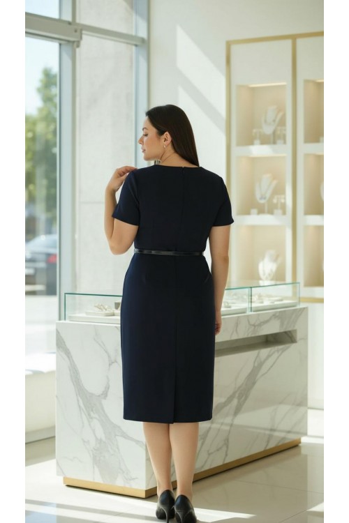 Nidya Moda Büyük Beden Kadın Lacivert Kuplar Deri Biyeli Krep Abiye Elbise-4084DL