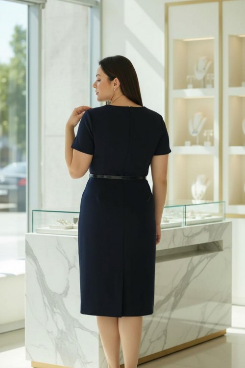 Nidya Moda Büyük Beden Kadın Lacivert Kuplar Deri Biyeli Krep Abiye Elbise-4084DL