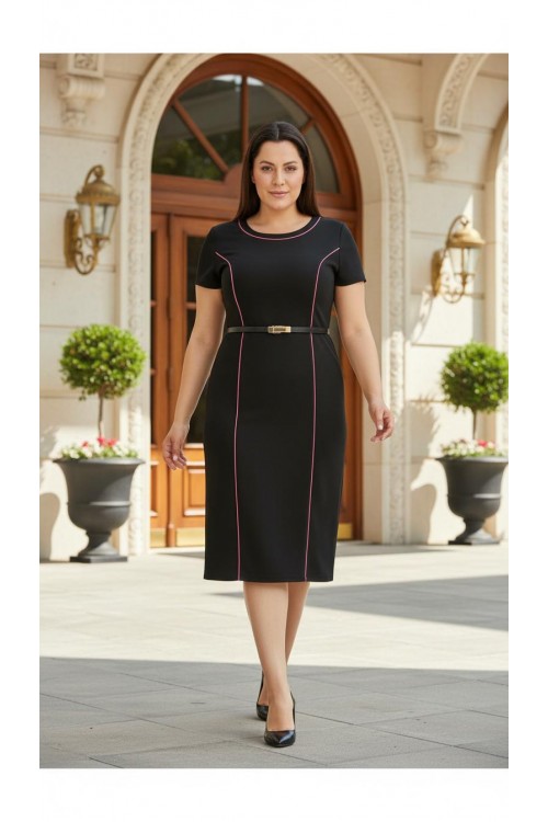 Nidya Moda Büyük Beden  Kadın Siyah Kuplar Somon Biyeli Krep Abiye Elbise-4084SMS