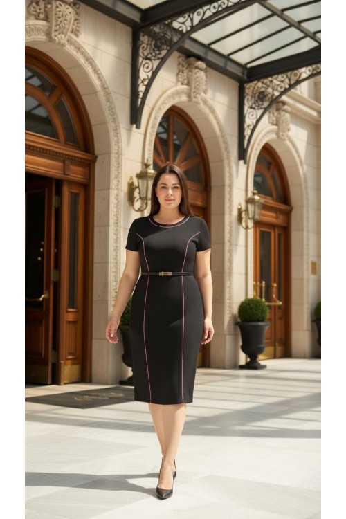 Nidya Moda Büyük Beden  Kadın Siyah Kuplar Somon Biyeli Krep Abiye Elbise-4084SMS