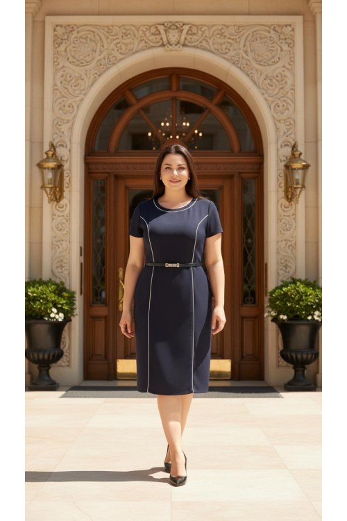 Nidya Moda Büyük Beden  Kadın Lacivert Kuplar Yeşil Biyeli Krep Abiye  Elbise-4084YL