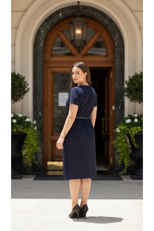 Nidya Moda Büyük Beden  Kadın Lacivert Kuplar Yeşil Biyeli Krep Abiye  Elbise-4084YL