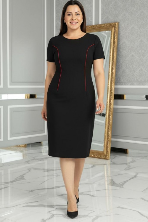 Nidya Moda Büyük Beden Kadın Siyah Parça Bordo Biyeli Krep Abiye Elbise-4085BS