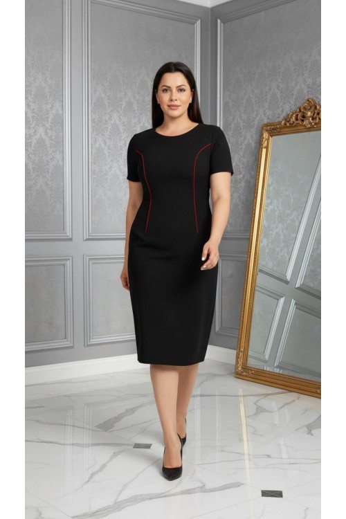 Nidya Moda Büyük Beden Kadın Siyah Parça Bordo Biyeli Krep Abiye Elbise-4085BS