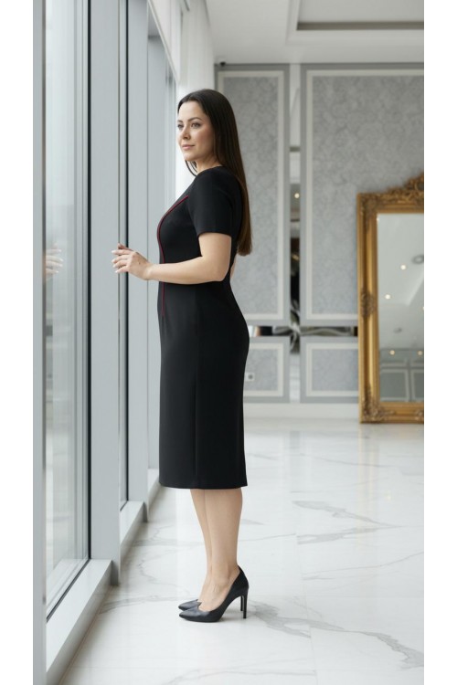 Nidya Moda Büyük Beden Kadın Siyah Parça Bordo Biyeli Krep Abiye Elbise-4085BS