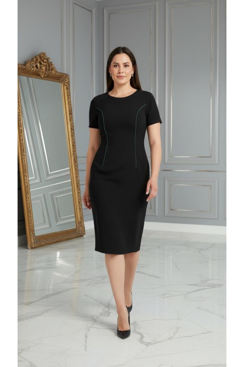 Nidya Moda Büyük Beden Kadın Siyah Parça Yeşil Biye Krep Abiye  Elbise-4085YS