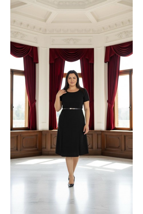 Nidya Moda Büyük Beden Kadın Siyah Ön Çift  Yırtmaçlı Krep Abiye Elbise-4086S