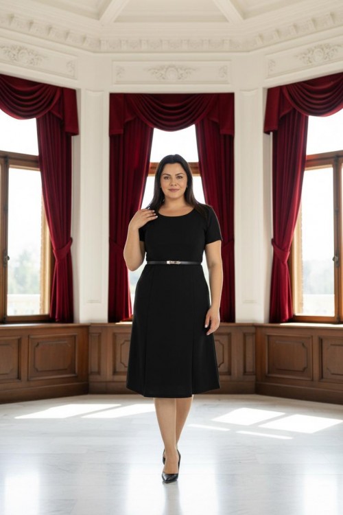 Nidya Moda Büyük Beden Kadın Siyah Ön Çift  Yırtmaçlı Krep Abiye Elbise-4086S