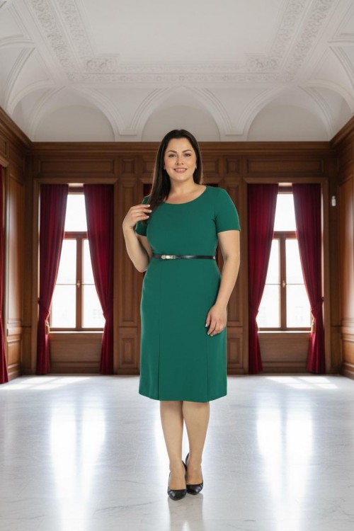 Nidya Moda Büyük Beden Kadın Yeşil Ön Çift Yırtmaçlı Krep Abiye Elbise-4086Y