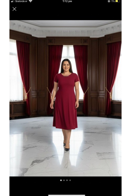 Nidya Moda Büyük Beden Kadın Bordo Sem Yaka Taşlı Krep Abiye  Elbise-4088B