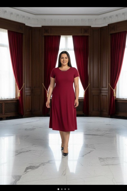 Nidya Moda Büyük Beden Kadın Bordo Sem Yaka Taşlı Krep Abiye  Elbise-4088B
