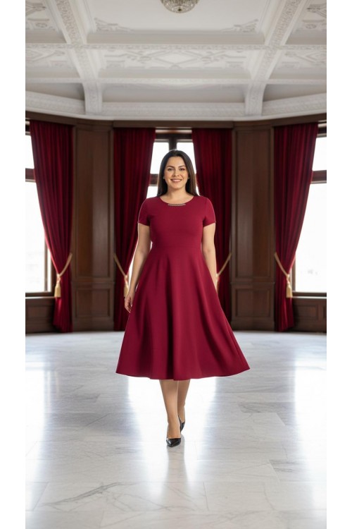 Nidya Moda Büyük Beden Kadın Bordo Sem Yaka Taşlı Krep Abiye  Elbise-4088B