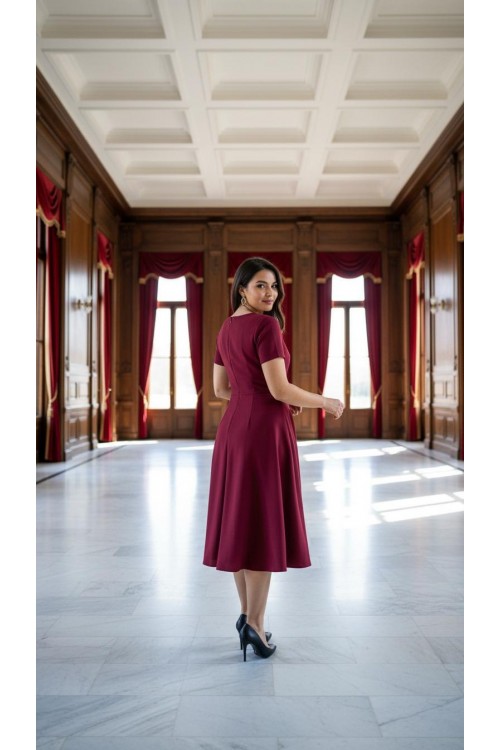 Nidya Moda Büyük Beden Kadın Bordo Sem Yaka Taşlı Krep Abiye  Elbise-4088B