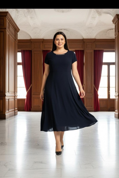 Nidya Moda Büyük Beden Kadın Lacivert  Sem Yaka Taşlı Abiye Krep Elbise-4088L