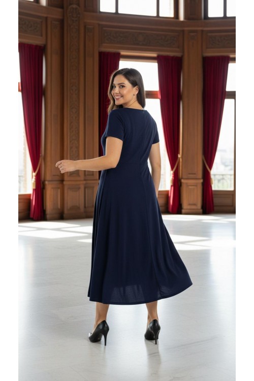 Nidya Moda Büyük Beden Kadın Lacivert  Sem Yaka Taşlı Abiye Krep Elbise-4088L