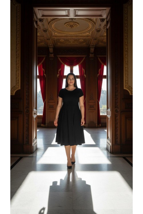 Nidya Moda Büyük Beden Kadın Siyah Sem Yaka Taşlı Krep Abiye Elbise -4088S