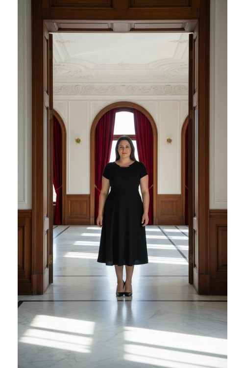 Nidya Moda Büyük Beden Kadın Siyah Sem Yaka Taşlı Krep Abiye Elbise -4088S