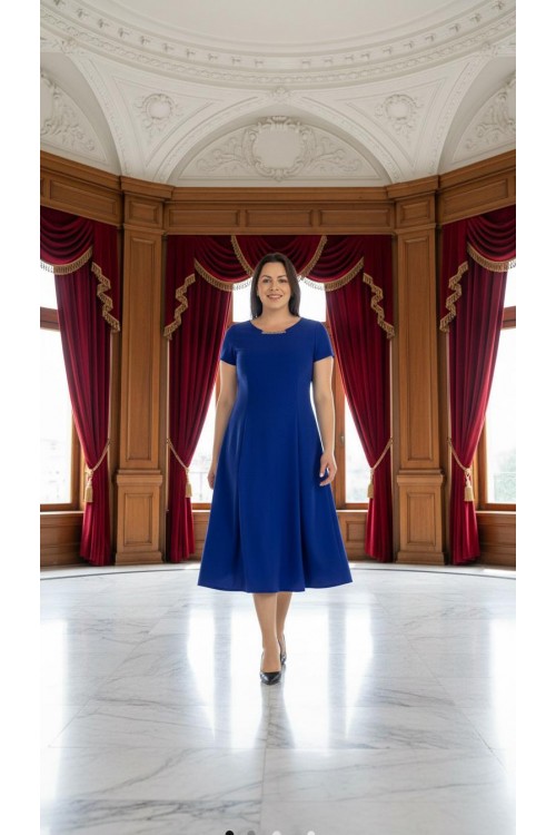 Nidya Moda Büyük Beden Kadın Saks Yaka Taşlı Sem Krep Abiye  Elbise-4088SX