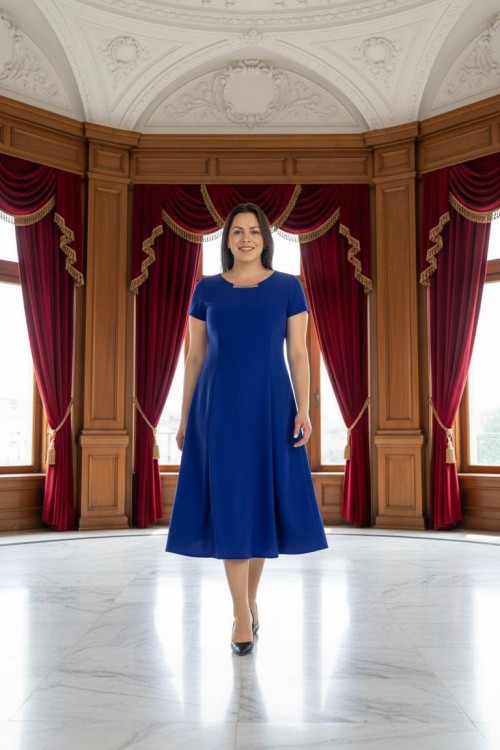 Nidya Moda Büyük Beden Kadın Saks Yaka Taşlı Sem Krep Abiye  Elbise-4088SX