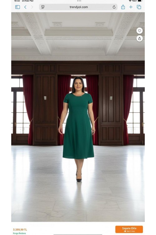 Nidya Moda Büyük Beden Kadın Yeşil Sem Yaka Taşlı Krep Abiye Elbise -4088Y