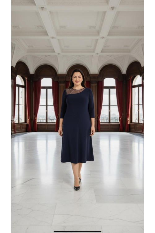 Nidya Moda Büyük Beden Kadın Lacivert Roba Tül Taşı İşli Sandy Abiye Elbise-4089L