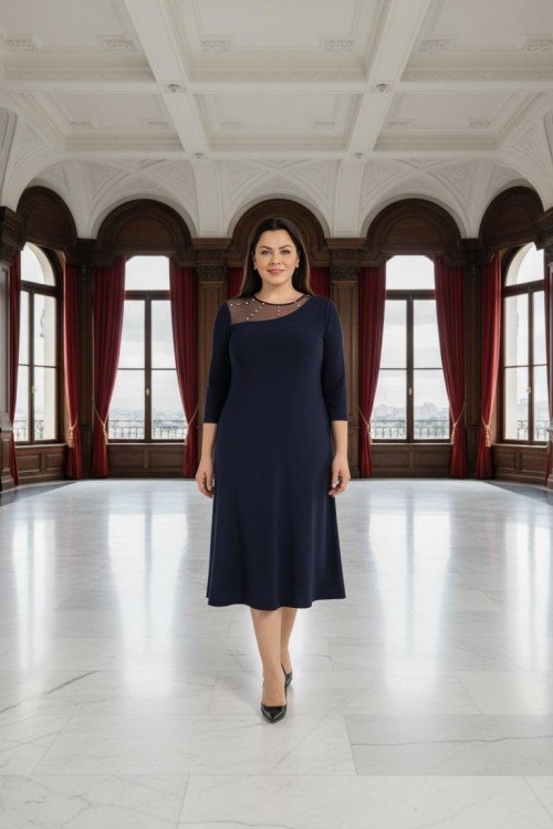 Nidya Moda Büyük Beden Kadın Lacivert Roba Tül Taşı İşli Sandy Abiye Elbise-4089L