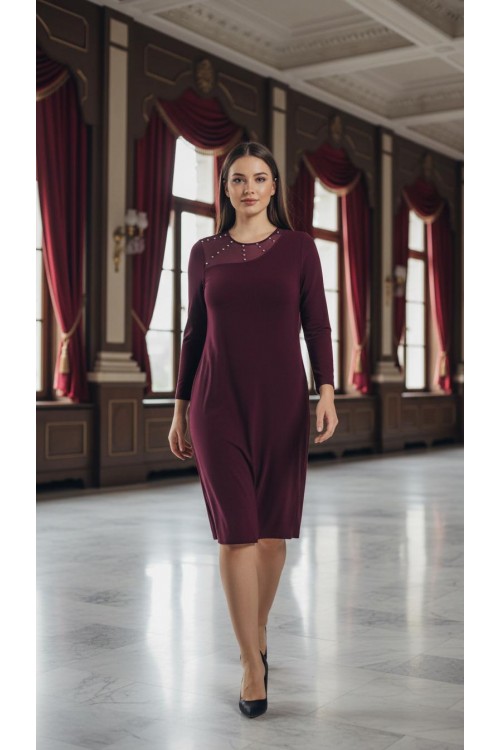 Nidya Moda Büyük Beden Kadın Mürdüm Roba Tül Taş İşli Sandy Abiye  Elbise-4089M