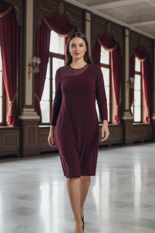 Nidya Moda Büyük Beden Kadın Mürdüm Roba Tül Taş İşli Sandy Abiye  Elbise-4089M