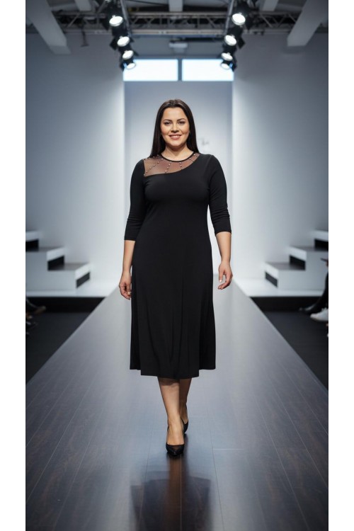 Nidya Moda Büyük Beden Kadın Siyah Roba Tül Taşlı Sandy Abiye Elbise-4089S