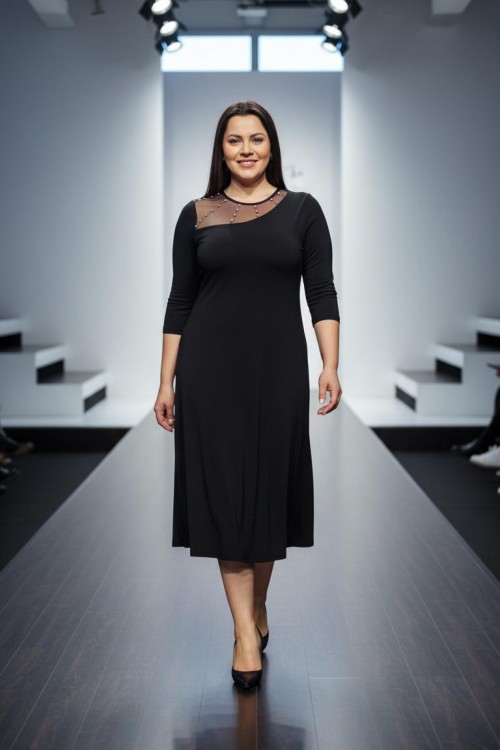 Nidya Moda Büyük Beden Kadın Siyah Roba Tül Taşlı Sandy Abiye Elbise-4089S