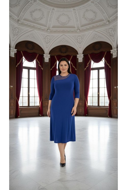 Nidya Moda Büyük Beden Kadın Saks Roba Tül Taşlı Sandy Abiye  Elbise-4089SX