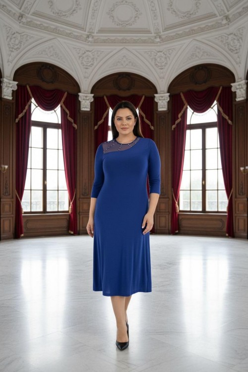 Nidya Moda Büyük Beden Kadın Saks Roba Tül Taşlı Sandy Abiye  Elbise-4089SX