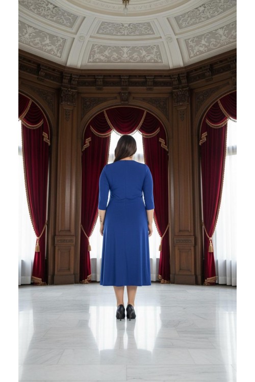 Nidya Moda Büyük Beden Kadın Saks Roba Tül Taşlı Sandy Abiye  Elbise-4089SX